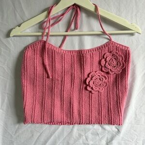 Pink Halter Neck Knitted Crop Top Rose Details